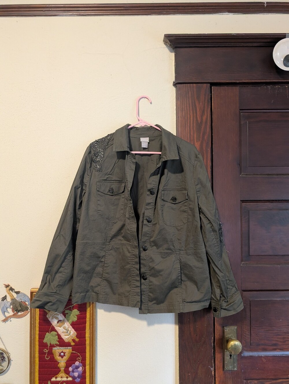 Chico's‎ Utility Jacket Olive Army Green Lace Floral Embroidered Pockets Size 16